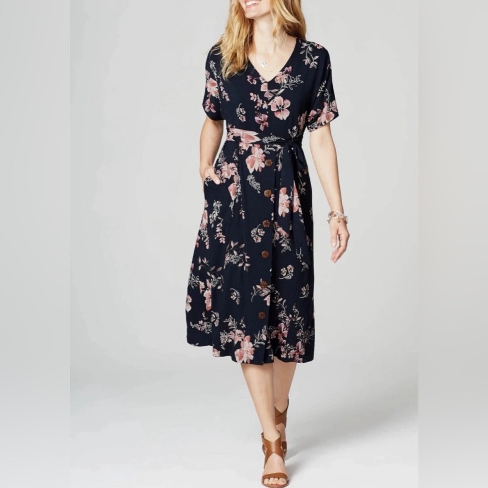 J. Jill Navy Midi Dress with Pink Floral Print and Dolman Sleeves